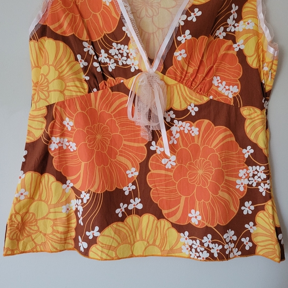 Vintage 70s Flower Power Babydoll Tank Top Orange Brown Size Medium - Picture 4 of 9